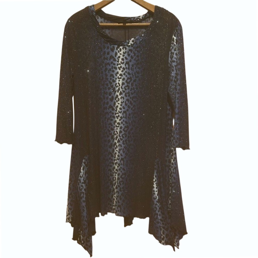 Kaktus Top Size XL‎ Blue Sparkle Animal Print (READ) Hankie Hem Fairy Grunge